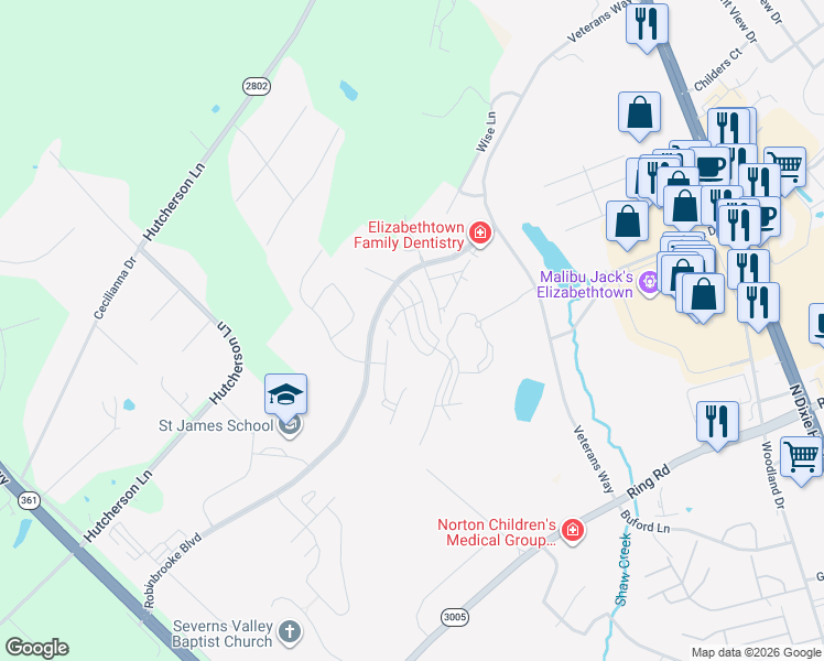 map of restaurants, bars, coffee shops, grocery stores, and more near Robinbrooke Boulevard in Elizabethtown