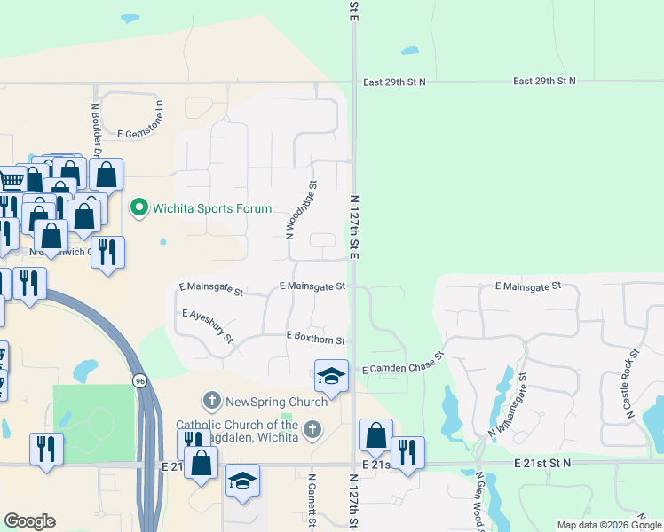 map of restaurants, bars, coffee shops, grocery stores, and more near 12709 E Woodspring St in Wichita