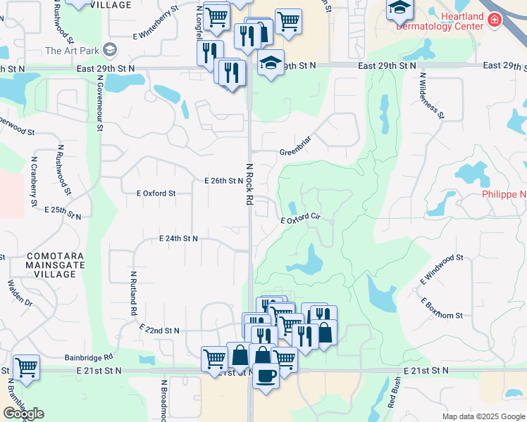 map of restaurants, bars, coffee shops, grocery stores, and more near 2614 North Executive Way in Wichita