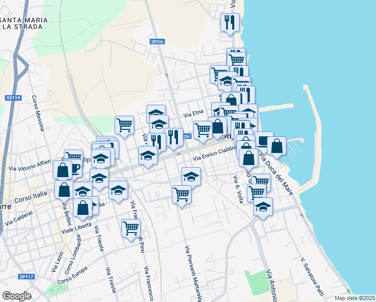 map of restaurants, bars, coffee shops, grocery stores, and more near 130 Via Camillo Benso Conte di Cavour in Riposto