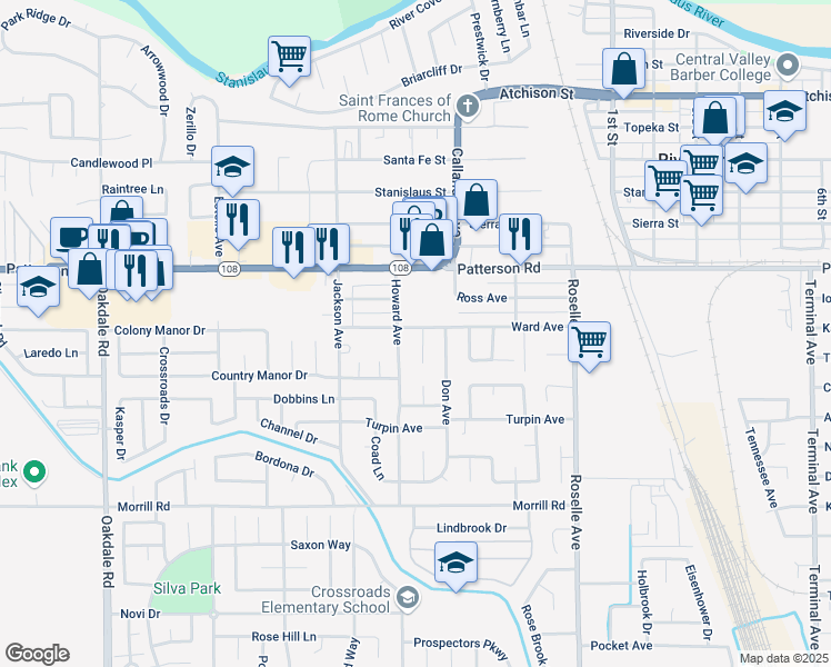 map of restaurants, bars, coffee shops, grocery stores, and more near 6243 Don Court in Riverbank