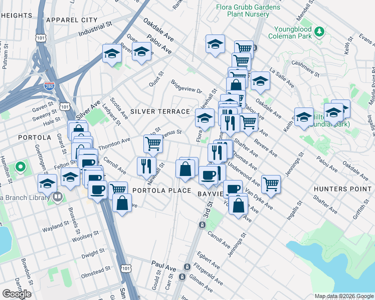 map of restaurants, bars, coffee shops, grocery stores, and more near 321 Thornton Avenue in San Francisco