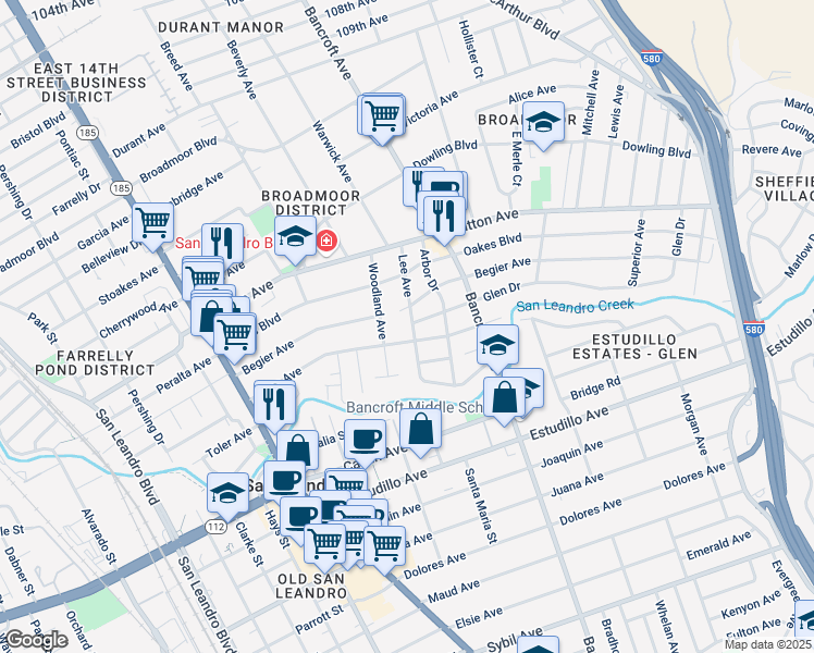 map of restaurants, bars, coffee shops, grocery stores, and more near 811 Lee Avenue in San Leandro