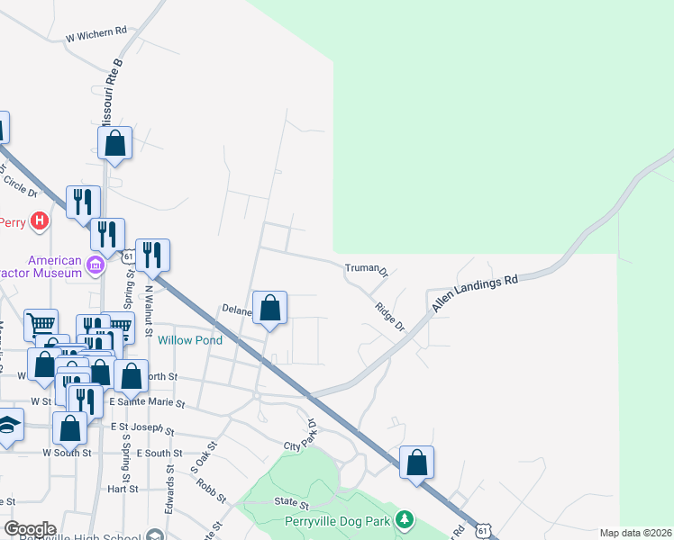 map of restaurants, bars, coffee shops, grocery stores, and more near 815 Ridge Drive in Perryville
