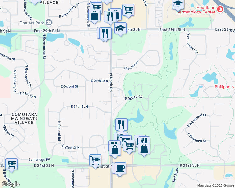 map of restaurants, bars, coffee shops, grocery stores, and more near 2614 North Executive Way in Wichita