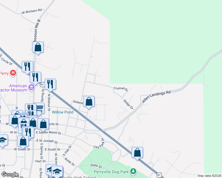 map of restaurants, bars, coffee shops, grocery stores, and more near 815 Ridge Drive in Perryville