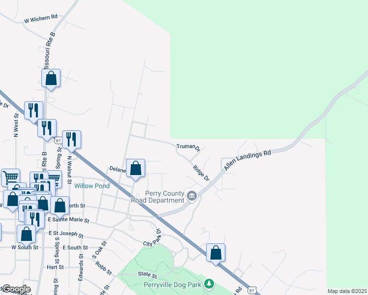 map of restaurants, bars, coffee shops, grocery stores, and more near 710 Truman Drive in Perryville