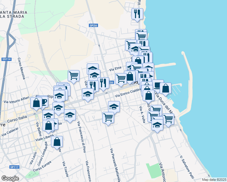 map of restaurants, bars, coffee shops, grocery stores, and more near 45 Via Luigi Capuana in Riposto