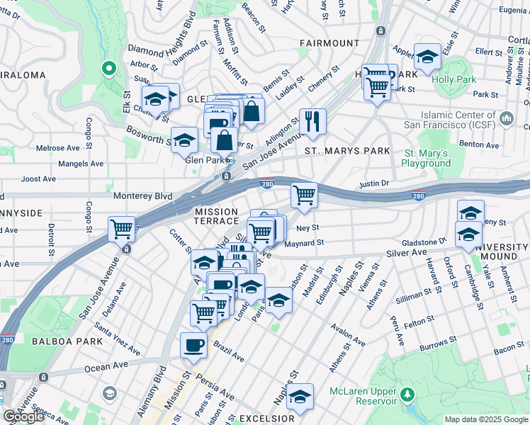map of restaurants, bars, coffee shops, grocery stores, and more near 100 Lyell Street in San Francisco