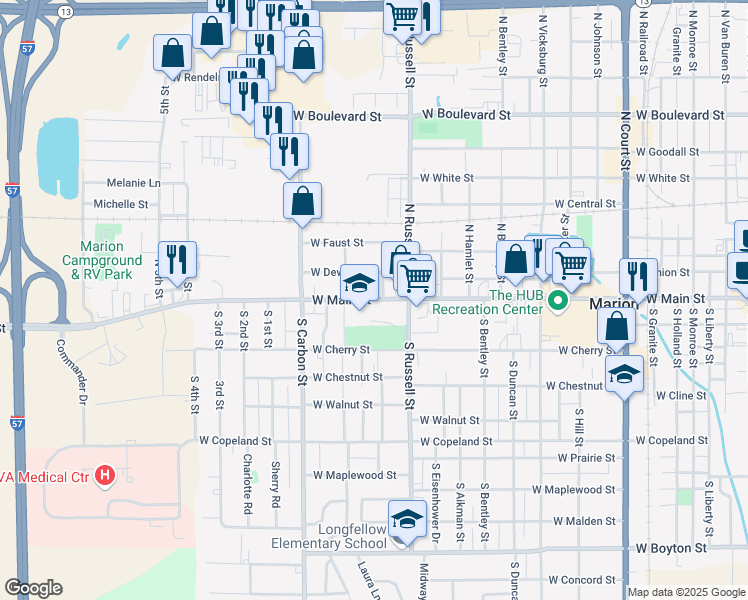 map of restaurants, bars, coffee shops, grocery stores, and more near 1609 West Main Street in Marion