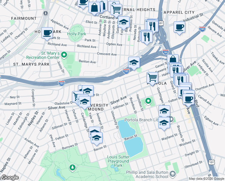 map of restaurants, bars, coffee shops, grocery stores, and more near 7 Colby Street in San Francisco