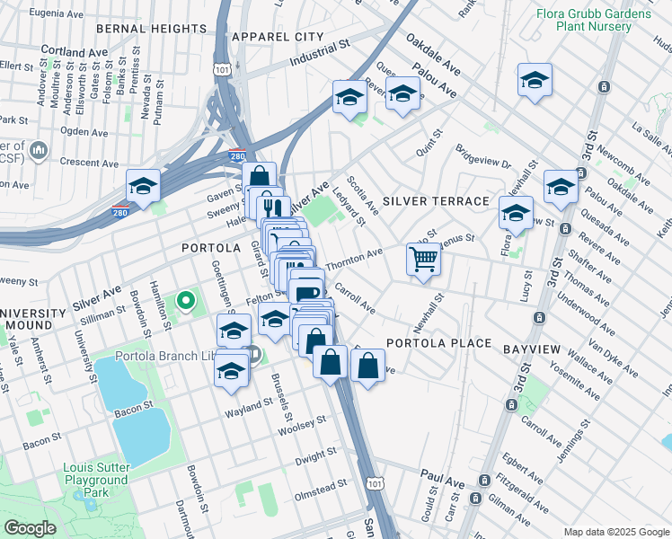 map of restaurants, bars, coffee shops, grocery stores, and more near 748-750 Thornton Avenue in San Francisco