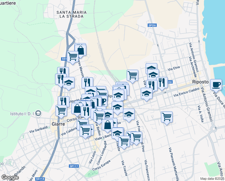 map of restaurants, bars, coffee shops, grocery stores, and more near Via Stazione Circumetnea in Giarre