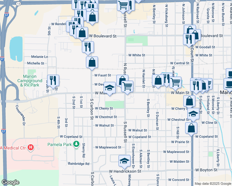 map of restaurants, bars, coffee shops, grocery stores, and more near 1609 West Main Street in Marion