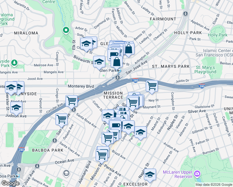 map of restaurants, bars, coffee shops, grocery stores, and more near 81 Badger Street in San Francisco