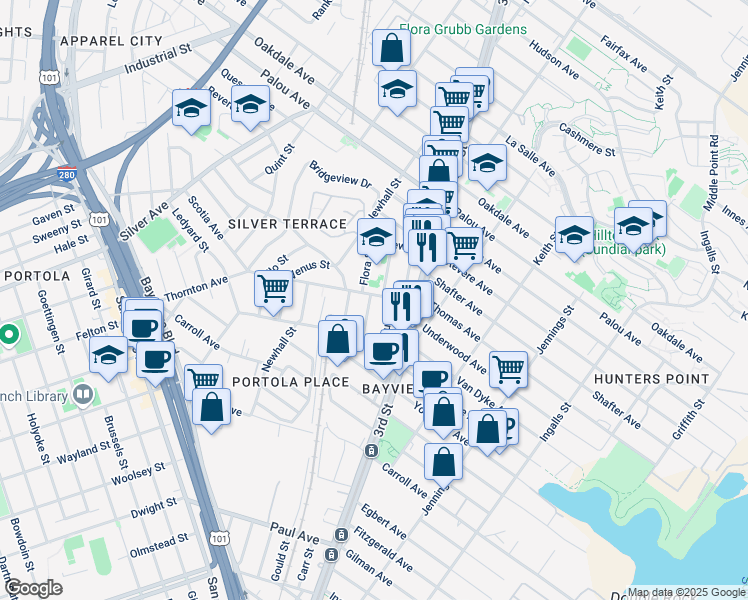 map of restaurants, bars, coffee shops, grocery stores, and more near 15 Ceres Street in San Francisco