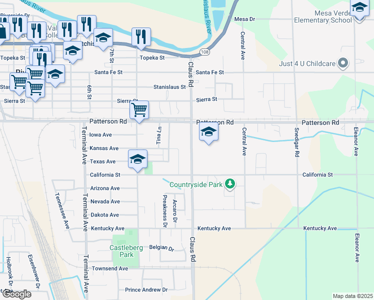map of restaurants, bars, coffee shops, grocery stores, and more near 6261 Claus Road in Riverbank
