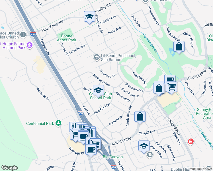 map of restaurants, bars, coffee shops, grocery stores, and more near 7489 Northland Avenue in San Ramon