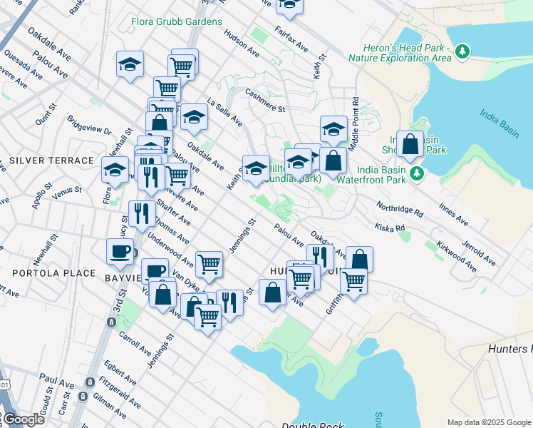 map of restaurants, bars, coffee shops, grocery stores, and more near 1276 Palou Avenue in San Francisco