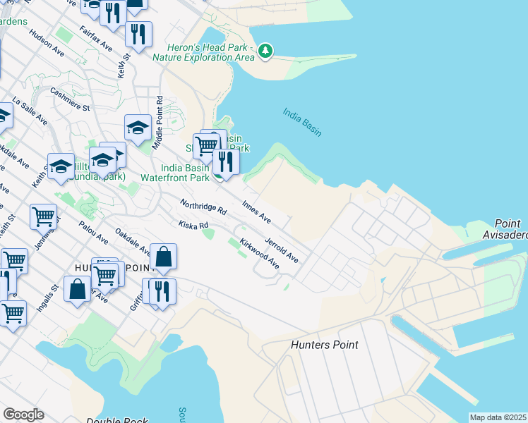 map of restaurants, bars, coffee shops, grocery stores, and more near 770 Innes Avenue in San Francisco