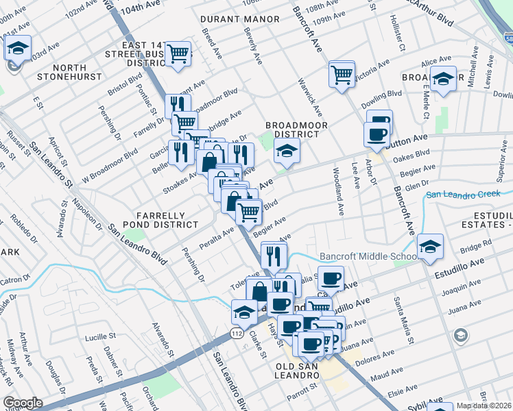 map of restaurants, bars, coffee shops, grocery stores, and more near 76 Oakes Boulevard in San Leandro