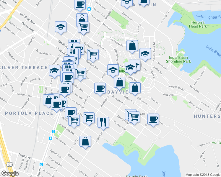 map of restaurants, bars, coffee shops, grocery stores, and more near 1448 Quesada Avenue in San Francisco