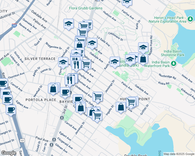 map of restaurants, bars, coffee shops, grocery stores, and more near 1605 Keith Street in San Francisco