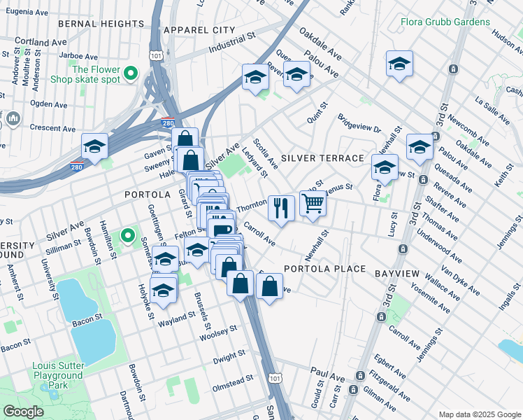 map of restaurants, bars, coffee shops, grocery stores, and more near 667 Thornton Avenue in San Francisco