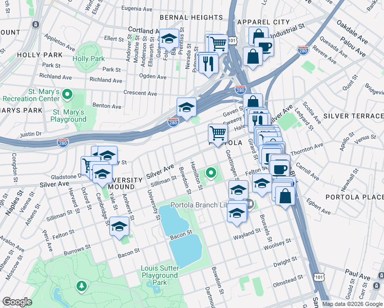 map of restaurants, bars, coffee shops, grocery stores, and more near 378 Sweeny Street in San Francisco