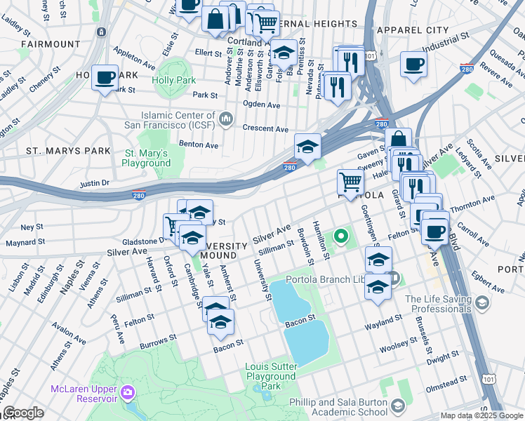 map of restaurants, bars, coffee shops, grocery stores, and more near 582 Sweeny Street in San Francisco