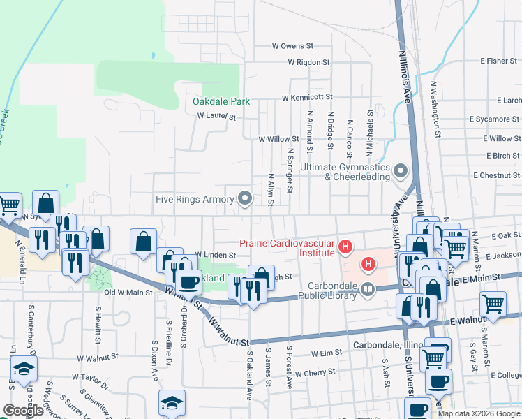 map of restaurants, bars, coffee shops, grocery stores, and more near 503 North Oakland Avenue in Carbondale