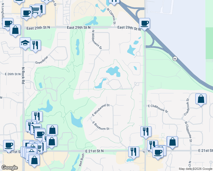 map of restaurants, bars, coffee shops, grocery stores, and more near 9020 E Woodspring St in Wichita
