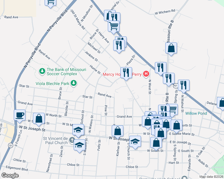 map of restaurants, bars, coffee shops, grocery stores, and more near 595 Northdale Drive in Perryville