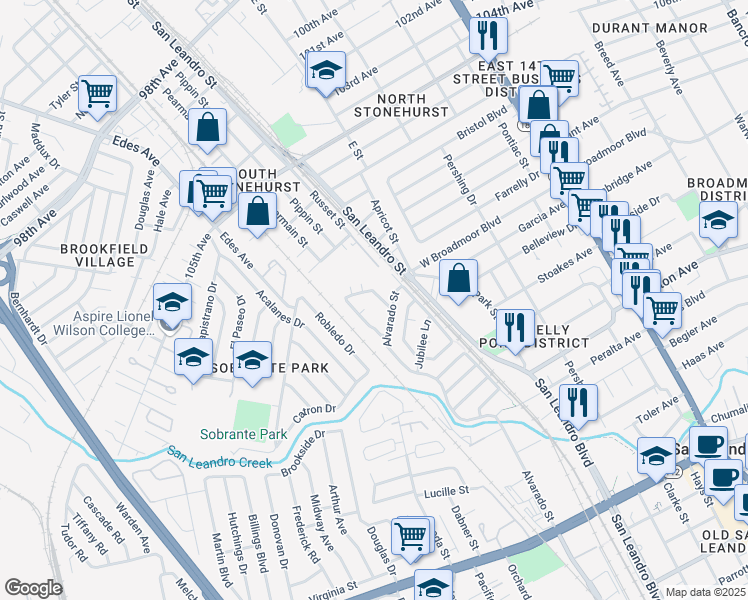 map of restaurants, bars, coffee shops, grocery stores, and more near 122 Accolade Drive in San Leandro