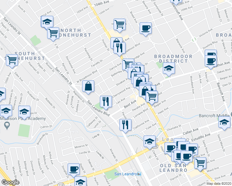 map of restaurants, bars, coffee shops, grocery stores, and more near 280 Cherrywood Avenue in San Leandro