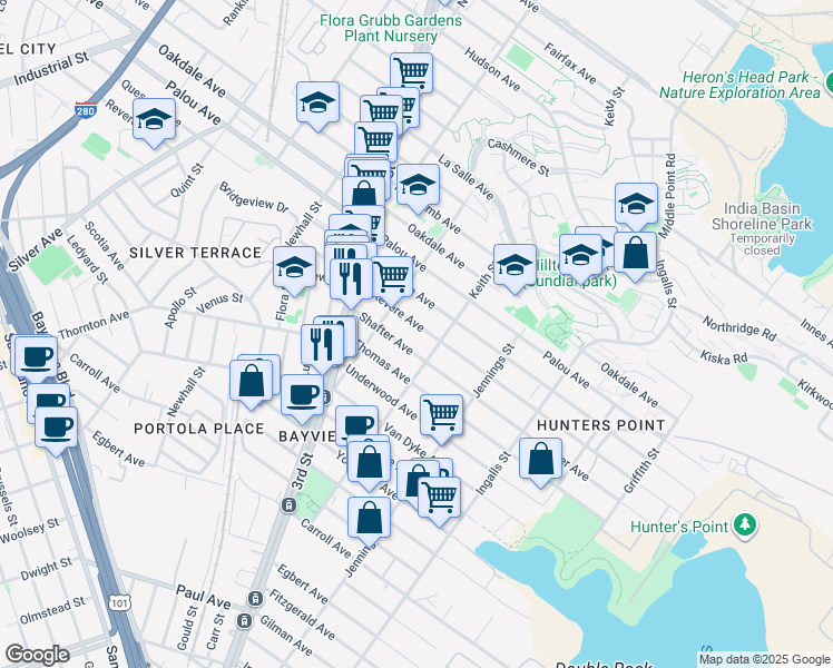 map of restaurants, bars, coffee shops, grocery stores, and more near 2 Revere Avenue in San Francisco
