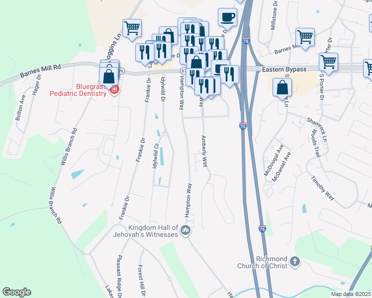 map of restaurants, bars, coffee shops, grocery stores, and more near 553 Hampton Way in Richmond