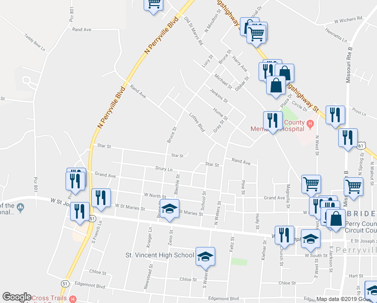 map of restaurants, bars, coffee shops, grocery stores, and more near 1001 Star Street in Perryville