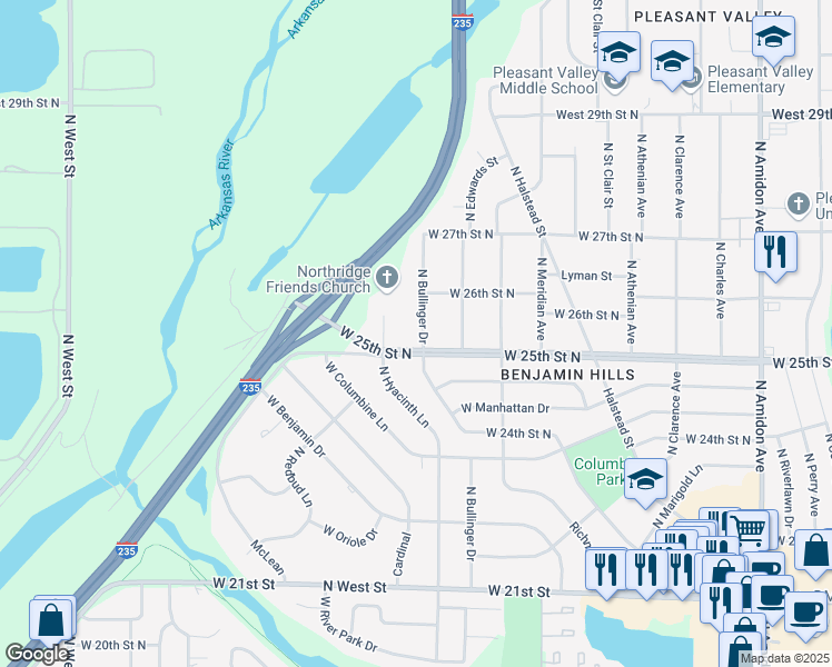 map of restaurants, bars, coffee shops, grocery stores, and more near 2613 Bullinger Street in Wichita