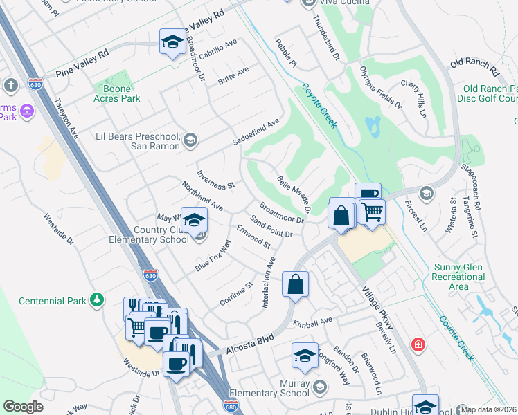 map of restaurants, bars, coffee shops, grocery stores, and more near 9565 Broadmoor Drive in San Ramon