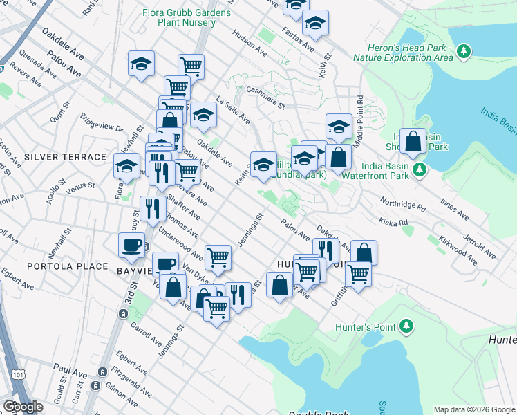 map of restaurants, bars, coffee shops, grocery stores, and more near 1313 Palou Avenue in San Francisco