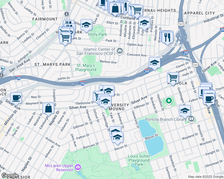 map of restaurants, bars, coffee shops, grocery stores, and more near 54 West View Avenue in San Francisco