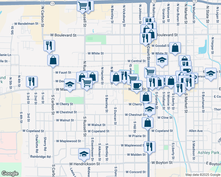 map of restaurants, bars, coffee shops, grocery stores, and more near 106 North Bentley Street in Marion