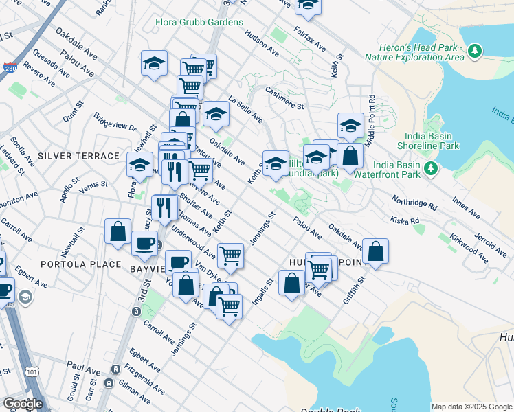 map of restaurants, bars, coffee shops, grocery stores, and more near 1448 Quesada Avenue in San Francisco