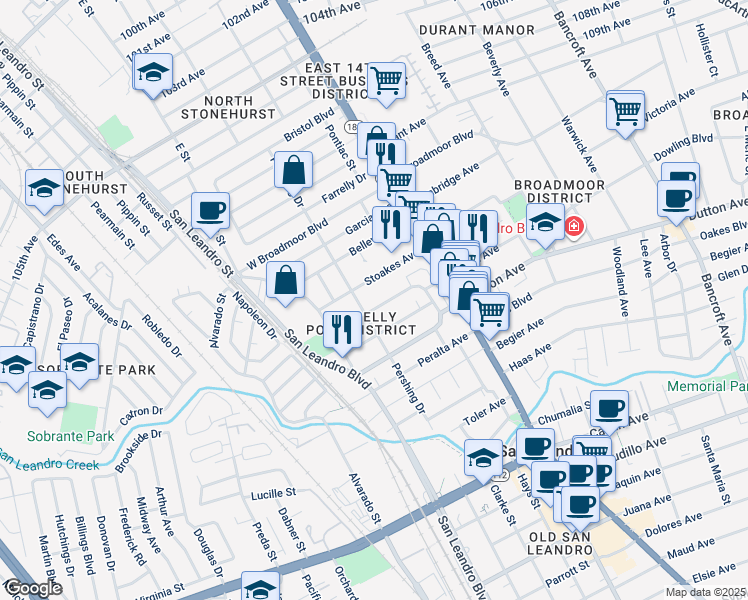 map of restaurants, bars, coffee shops, grocery stores, and more near 280 Cherrywood Avenue in San Leandro
