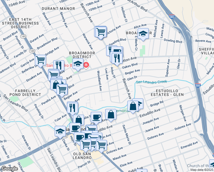 map of restaurants, bars, coffee shops, grocery stores, and more near 821 Lee Avenue in San Leandro