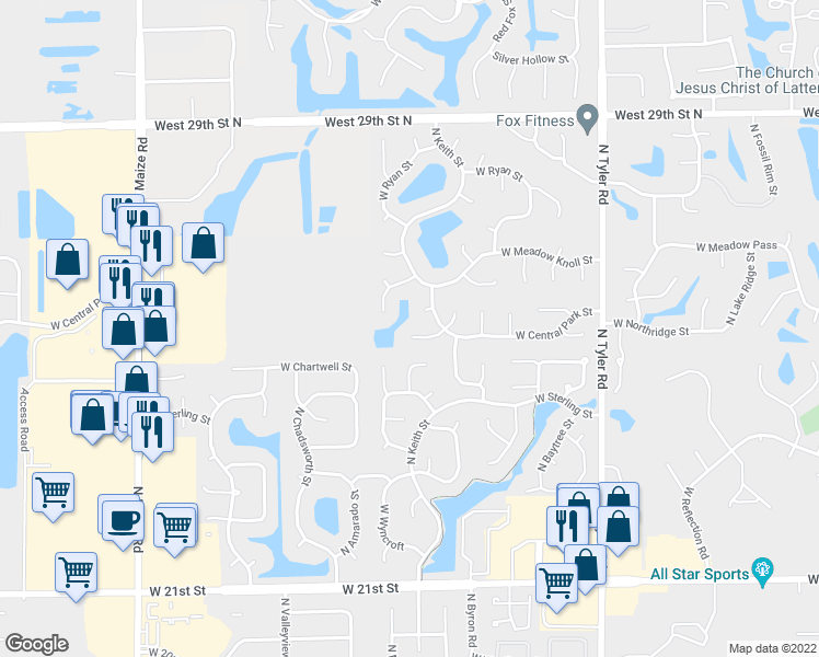 map of restaurants, bars, coffee shops, grocery stores, and more near 2619 North Keith Court in Wichita
