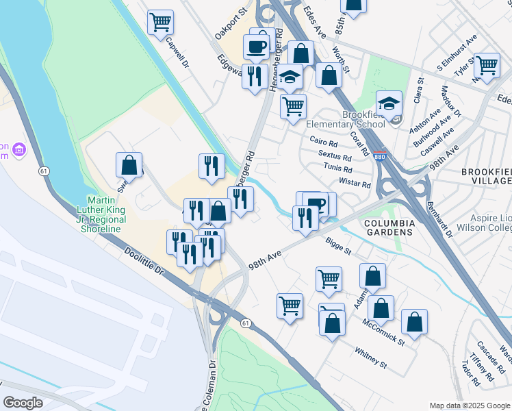 map of restaurants, bars, coffee shops, grocery stores, and more near 20 Hegenberger Place in Oakland