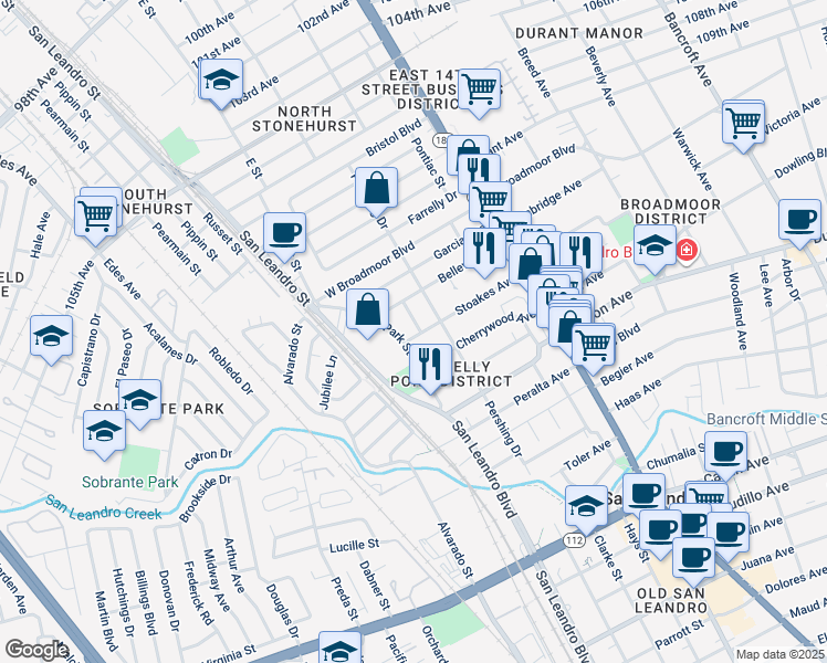 map of restaurants, bars, coffee shops, grocery stores, and more near 391 Pleasant Way in San Leandro
