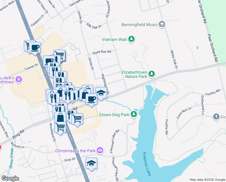 map of restaurants, bars, coffee shops, grocery stores, and more near 1700 Kentucky 3005 in Elizabethtown